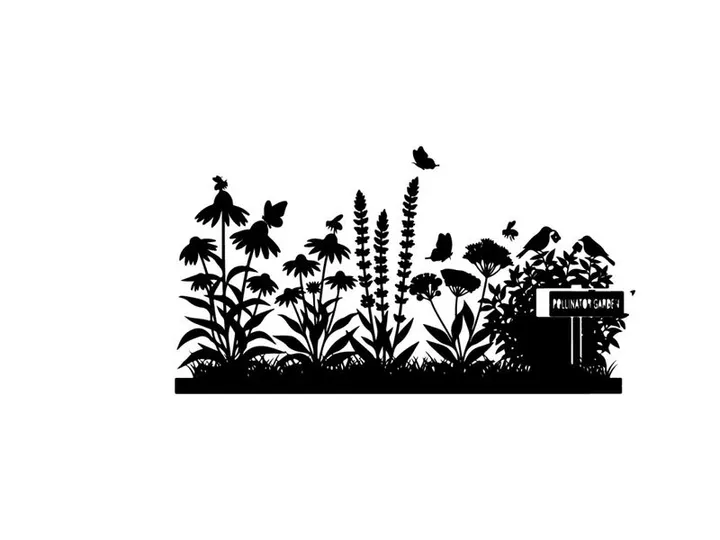 Black silhouette of garden scene with birds and flowers