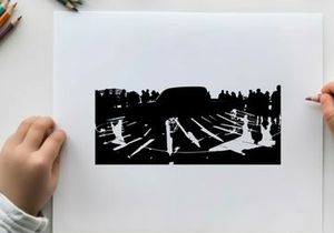 Silhouette of a car and crowd on a reflective surface