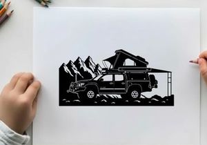 Silhouette of a car with a rooftop tent in a mountainous landscape silhouette