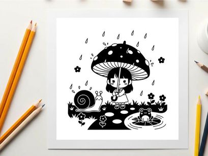 Little girl with silhouette under a spotted mushroom umbrella on a rainy day