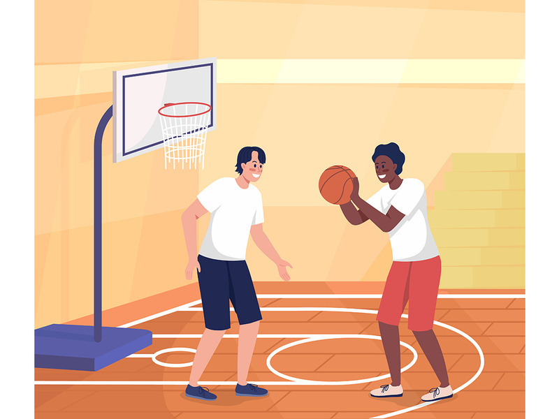 High school students playing basketball color vector illustration