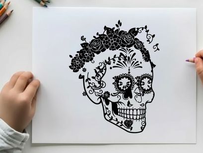 Day of the dead sugar skull silhouette with floral crown