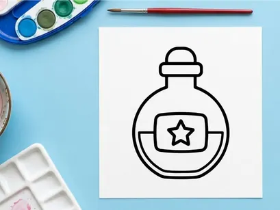 Magic potion bottle icon. Halloween elixir flask with star symbol for fantasy design.