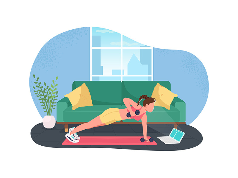 Woman working out while working 2D vector web banner, poster