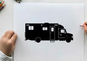 Silhouette of a large recreational vehicle or motorhome against a white background
