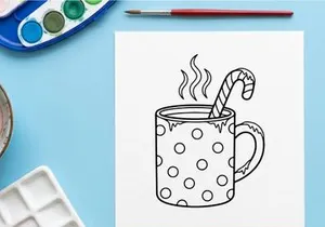 Steaming hot coffee in polka dot mug with candy cane stirrer for festive Christmas morning