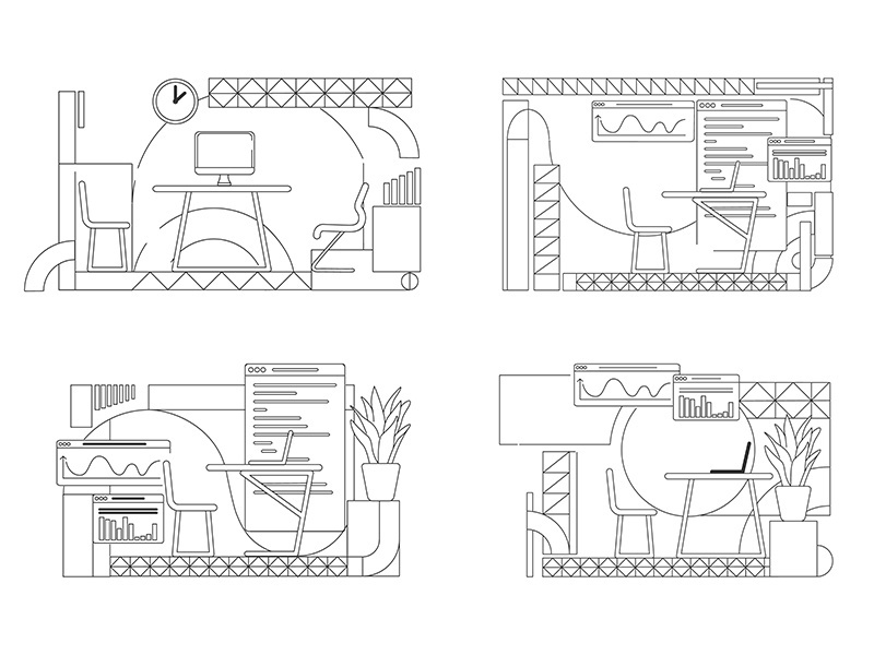 Office interior designs outline vector illustrations set