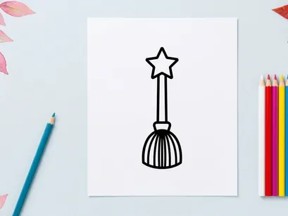 Witch broomstick with star icon. Magic wand illustration for Halloween design.