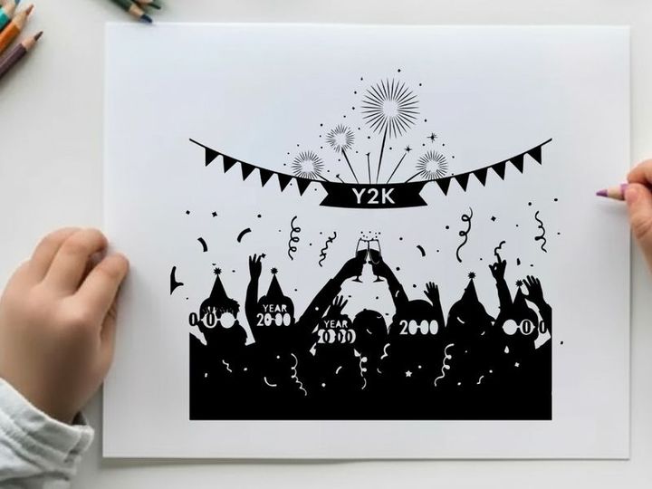 Y2k party silhouette with fireworks and confetti celebration