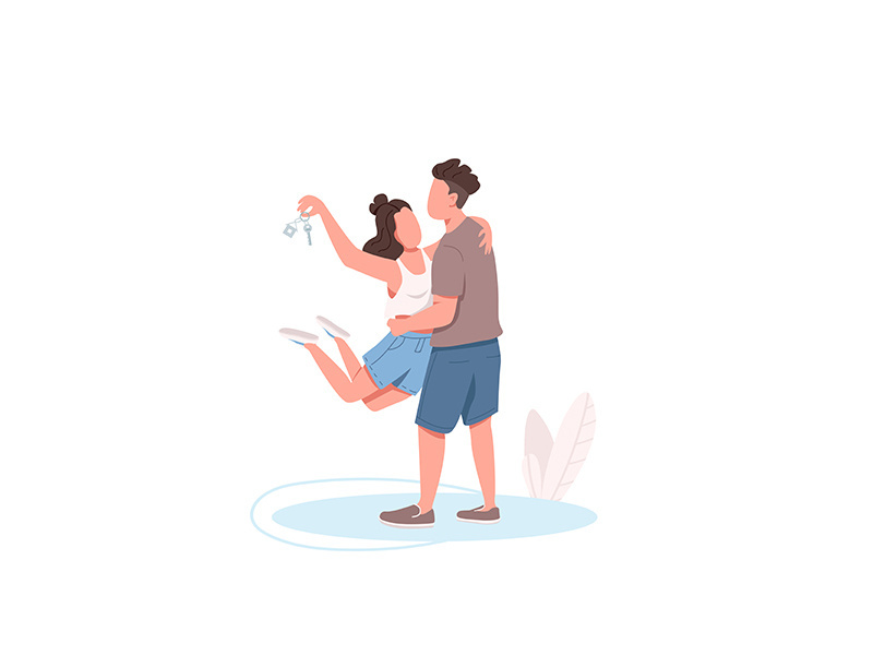 Young couple with new apartment key flat color vector faceless characters