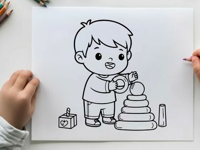 Cute child playing with toy blocks vector illustration