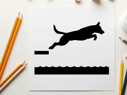 Dog silhouette jumping over an obstacle silhouette