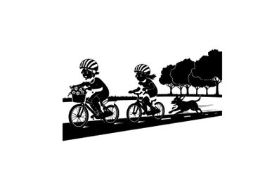 Silhouette of two cyclists and dog on a road preview picture