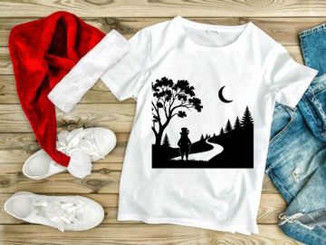Silhouette traveler with top hat under crescent moon in forest night preview picture