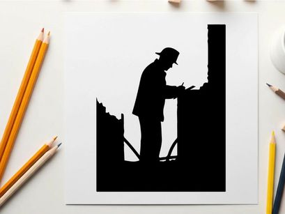 Silhouette of a man working on a construction site at night