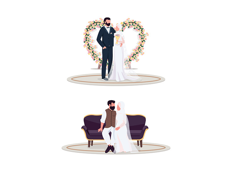 Muslim couple on wedding day flat color vector faceless character set