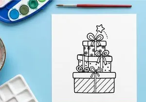 Stack of Christmas gift boxes with bows and a star, black and white line art illustration.