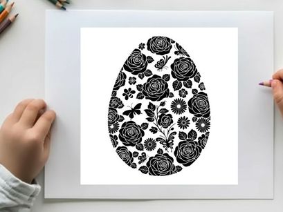 Black and white silhouette floral easter egg decoration with roses and butterflies