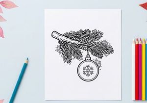 Christmas bauble hanging on a pine tree branch, festive winter holiday line art drawing.