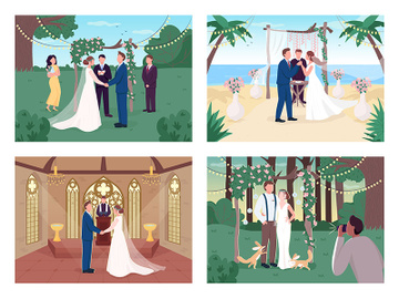 Religious and civil wedding ceremony flat color vector illustration set preview picture
