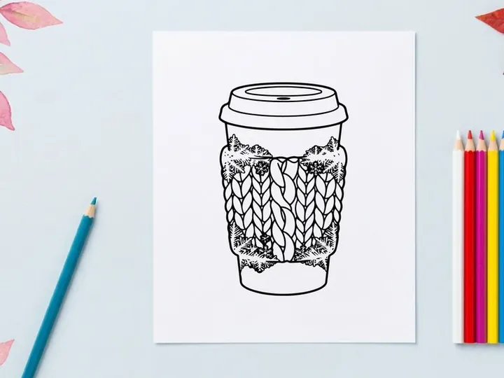 Coffee cup with knitted cozy sleeve, winter holiday beverage illustration