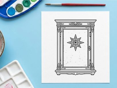 Christmas star inside a vintage wooden cabinet frame with ornate decorative details
