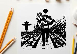 Silhouette of farmer carrying harvest basket in a field
