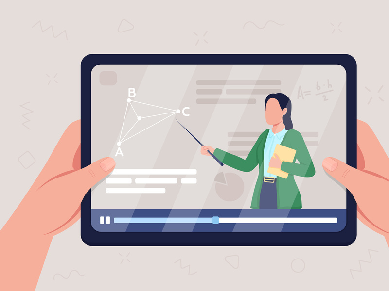 Hands hold tablet with video on geometry class flat color vector illustration