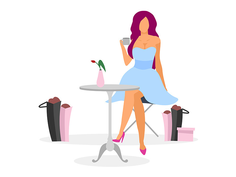 Shopaholic in cafe flat vector illustration