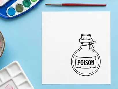 Vintage Giftflasche mit Totenkopf-Etikett Illustration. Gefahrenhinweis für gefährliche Chemikalien in Schwarz-Weiß-Liniengrafik.