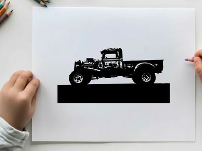 Silhouette of a classic pickup truck against a city skyline silhouette