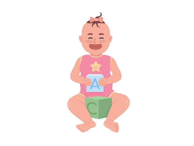 Joyful baby girl with cubes semi flat color vector character