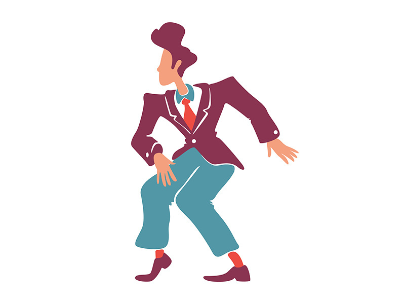 Retro style guy in vintage suit dancing flat color vector faceless character