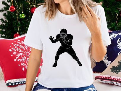 American football player in action wearing protective gear and uniform