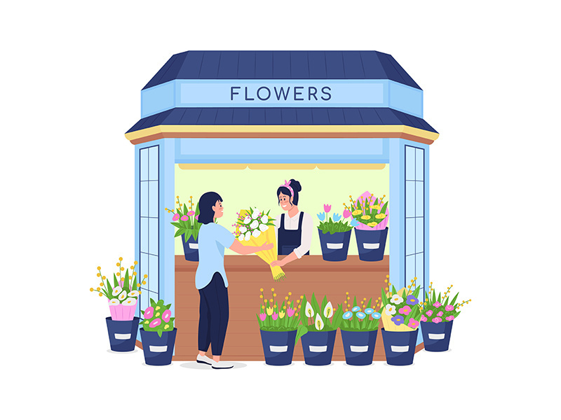Florist selling flowers to customer flat color vector detailed character