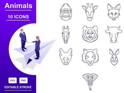 Animals icons set, dog, fox, cow, horse, bear, rabbit, elephant, monkey