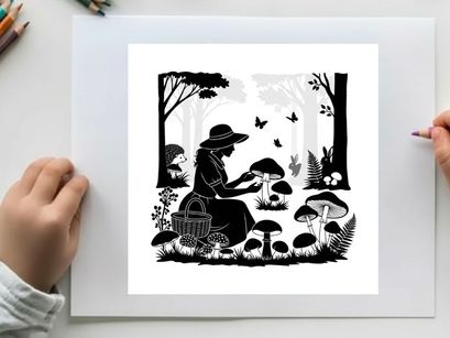Silhouette of a woman picking mushrooms in a forest with trees and butterflies