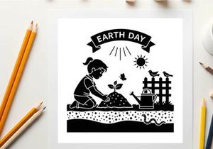 Earth day silhouette of a girl planting a tree with birds and sun