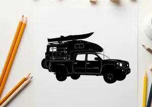Silhouette of a 4x4 suv with roof rack and kayak