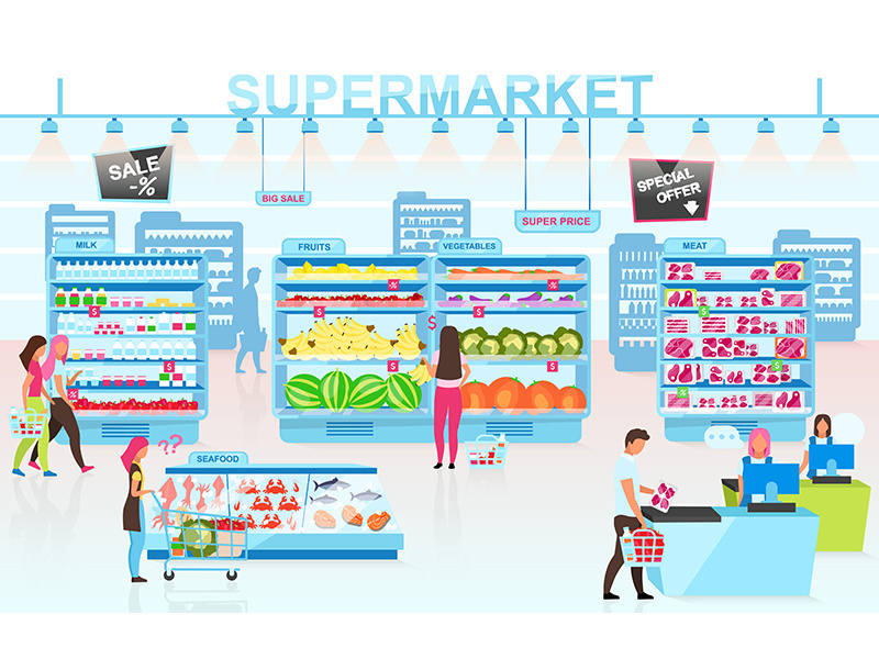 Supermarket interior flat vector illustration