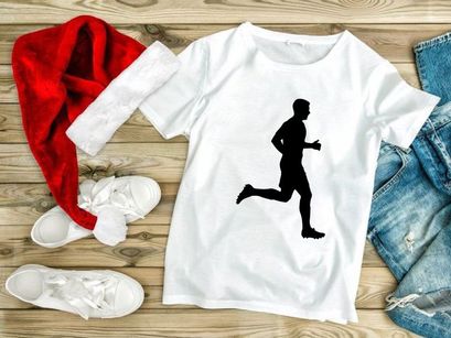 Silhouette of a man running in a dynamic pose on a white background