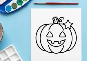 Hand-drawn Halloween jack-o-lantern with glowing smile and star. Cute cartoon pumpkin face illustration for festive autumn decor and kids crafts.