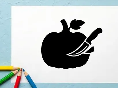 Black and white apple with knife and leaf silhouette for health and food themes