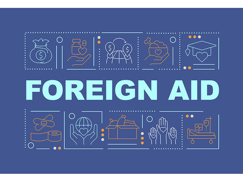 Overseas aid word concepts dark blue banner