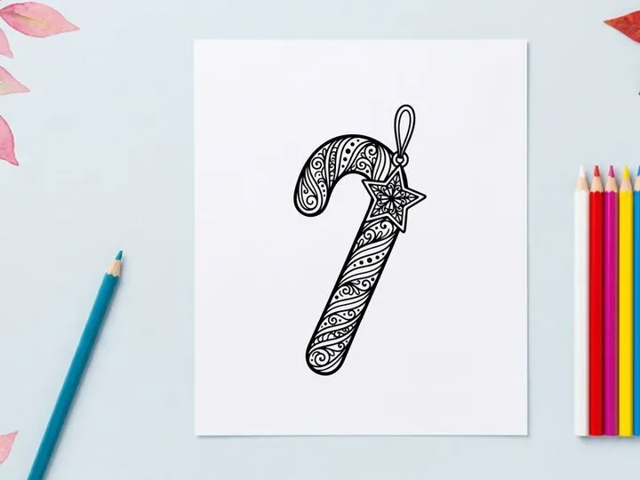 Zentangle candy cane ornament with star for Christmas coloring page or holiday design.