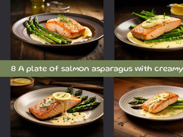 A plate of salmon asparagus with creamy sauce preview picture