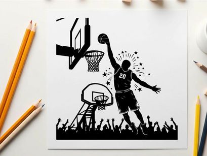 Silhouette of a basketball player dunking ball with crowd