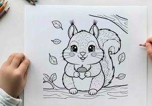 Cute squirrel holding acorn autumn leaves vector illustration