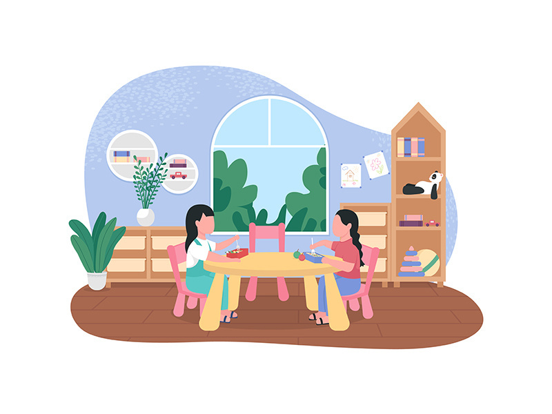 Kindergarten dinner break 2D vector web banner, poster