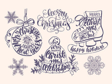 Lettering , typography inside chrismas elements and deer, ball, christmas tree, jingle, new year.
